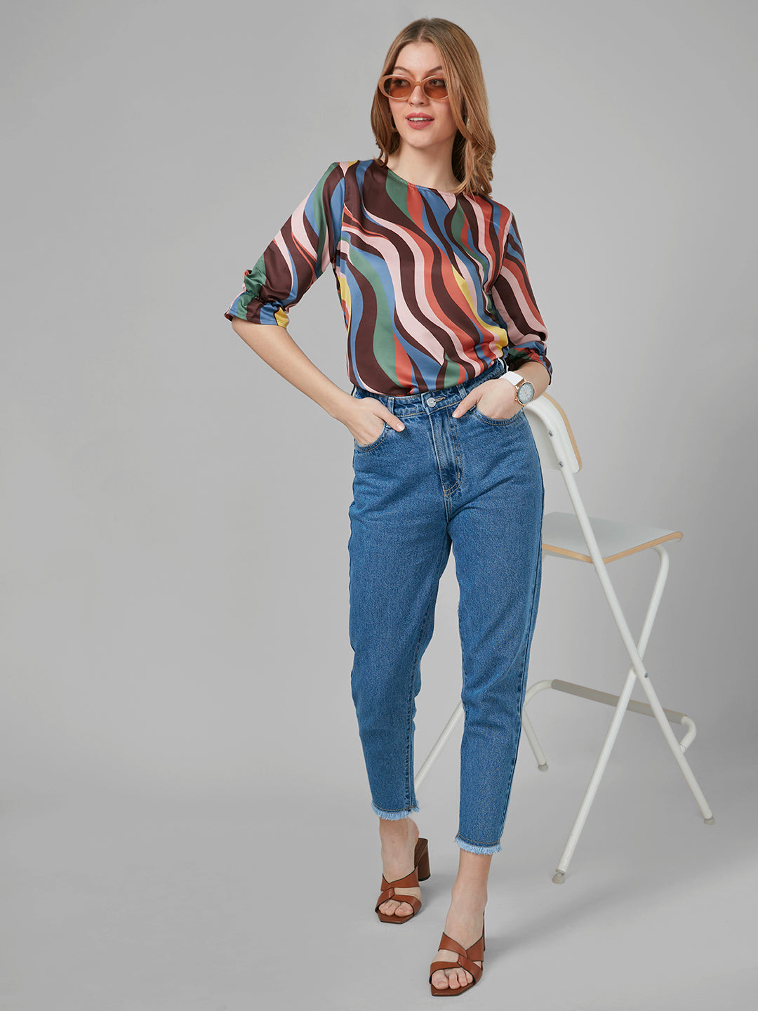 Style Quotient Women Multi color Abstract Printed Crepe regular Casual woven Blouson top-Tops-StyleQuotient