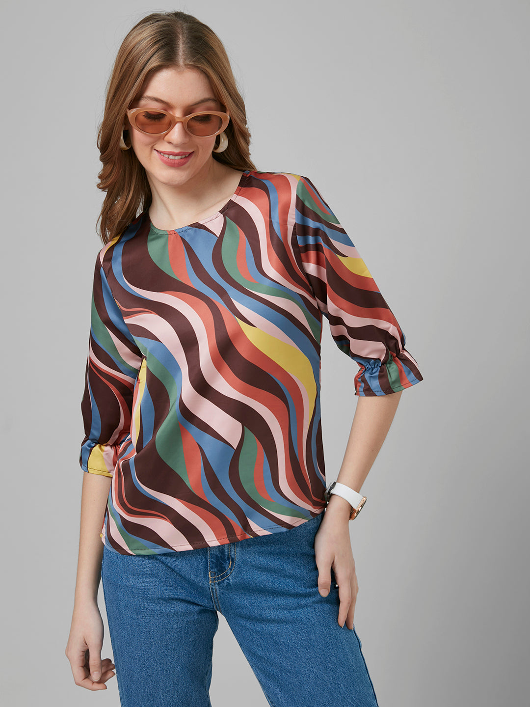 Style Quotient Women Multi color Abstract Printed Crepe regular Casual woven Blouson top-Tops-StyleQuotient