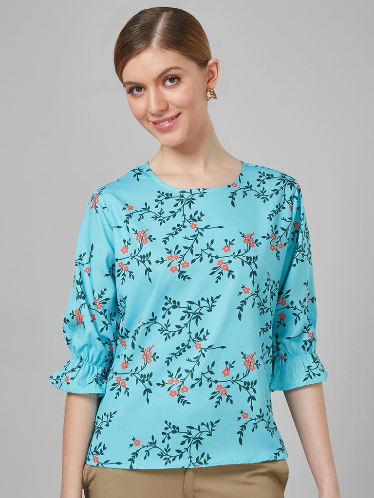 Style Quotient Women Blue and Multi Floral Printed Polyester Smart Casual Top-Tops-StyleQuotient