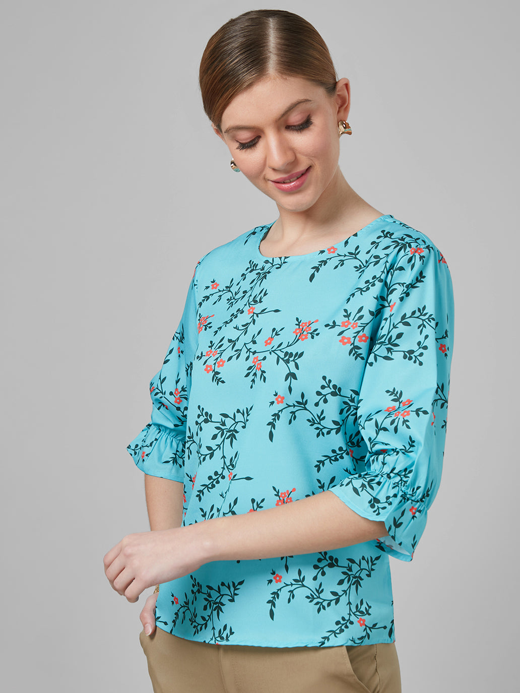 Style Quotient Women Blue and Multi Floral Printed Polyester Smart Casual Top-Tops-StyleQuotient