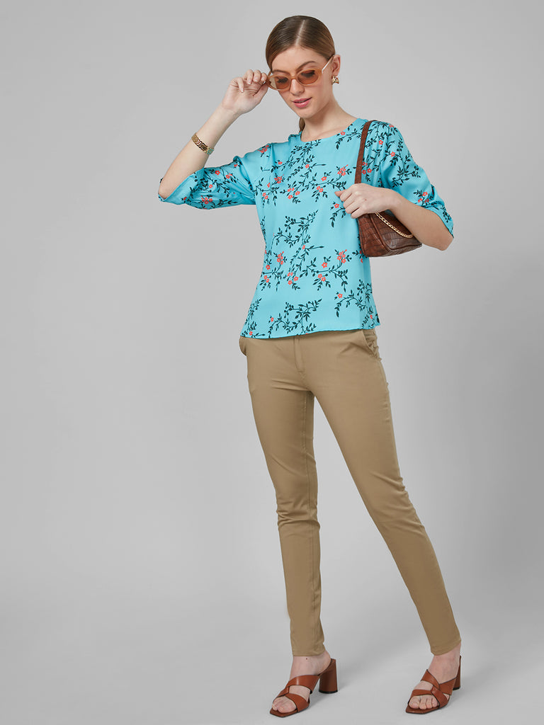 Style Quotient Women Blue and Multi Floral Printed Polyester Smart Casual Top-Tops-StyleQuotient