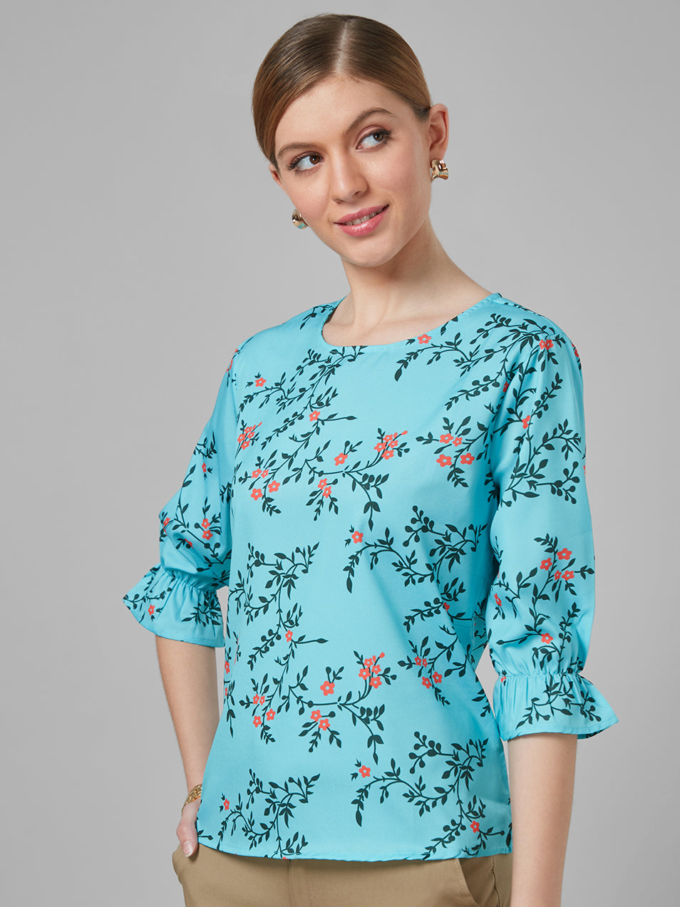 Style Quotient Women Blue and Multi Floral Printed Polyester Smart Casual Top-Tops-StyleQuotient