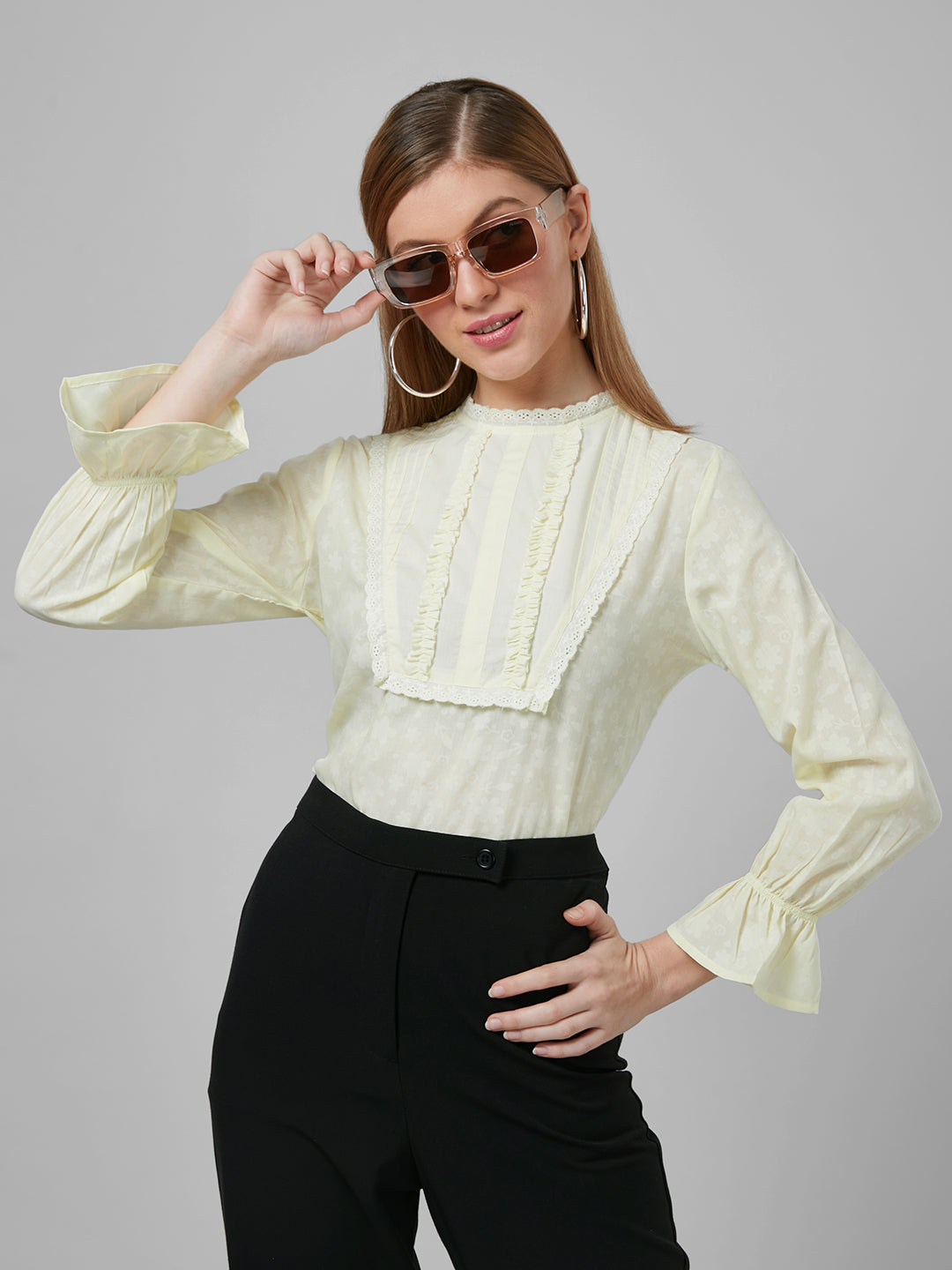 Style Quotient Women Self Design Floral Pale Yellow Cotton Regular Smart Casual Top-Tops-StyleQuotient