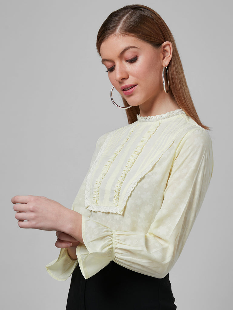 Style Quotient Women Self Design Floral Pale Yellow Cotton Regular Smart Casual Top-Tops-StyleQuotient