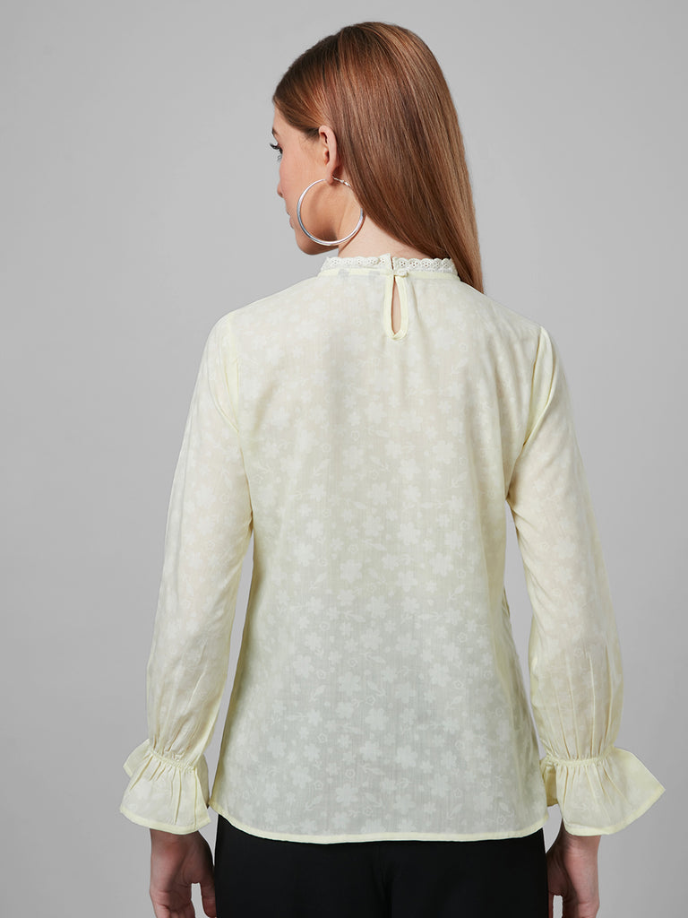 Style Quotient Women Self Design Floral Pale Yellow Cotton Regular Smart Casual Top-Tops-StyleQuotient