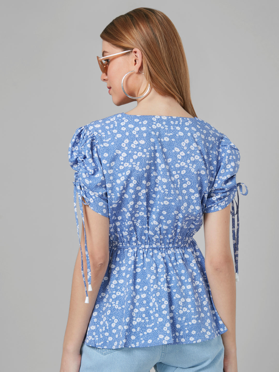 Style Quotient Women Blue And White Floral Polycrepe Peplum Smart Casual Top-Tops-StyleQuotient