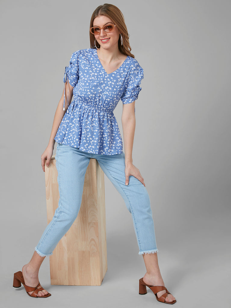 Style Quotient Women Blue And White Floral Polycrepe Peplum Smart Casual Top-Tops-StyleQuotient