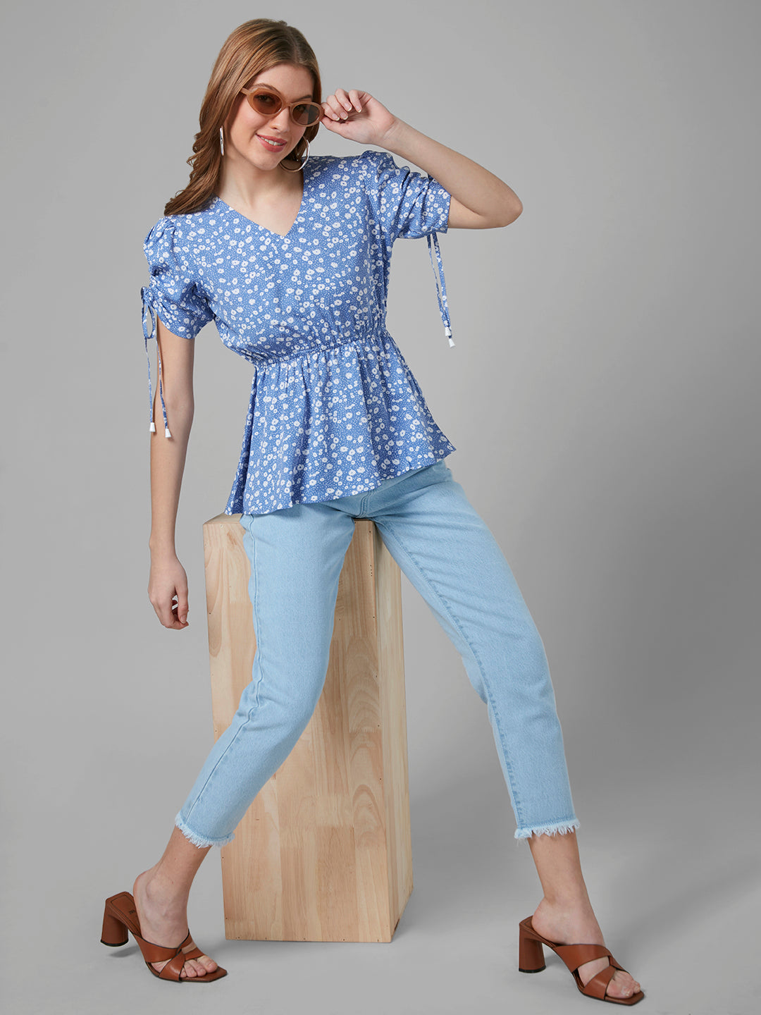 Style Quotient Women Blue And White Floral Polycrepe Peplum Smart Casual Top-Tops-StyleQuotient