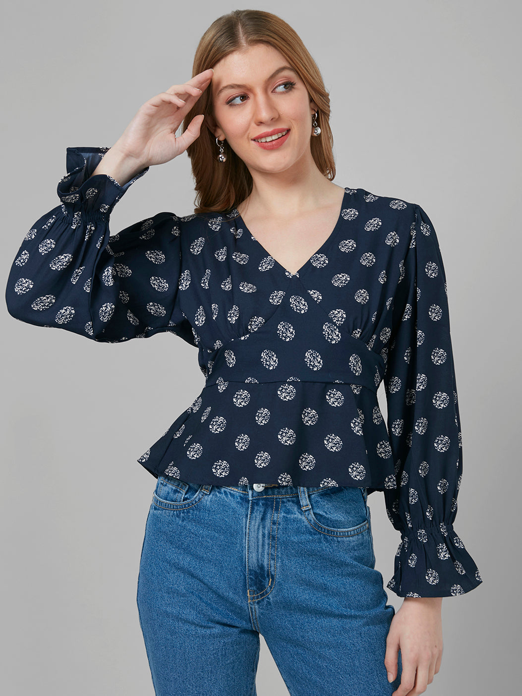 Style Quotient Women Navy Ethnic Print Polyester Peplum Smart Casual Top-Tops-StyleQuotient