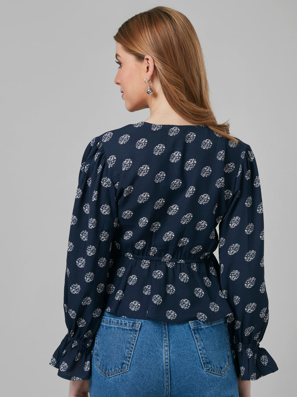 Style Quotient Women Navy Ethnic Print Polyester Peplum Smart Casual Top-Tops-StyleQuotient