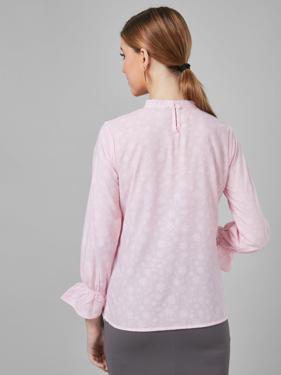 Style Quotient Women Self Design Floral Powder Pink Cotton Regular Smart Casual Top-Tops-StyleQuotient