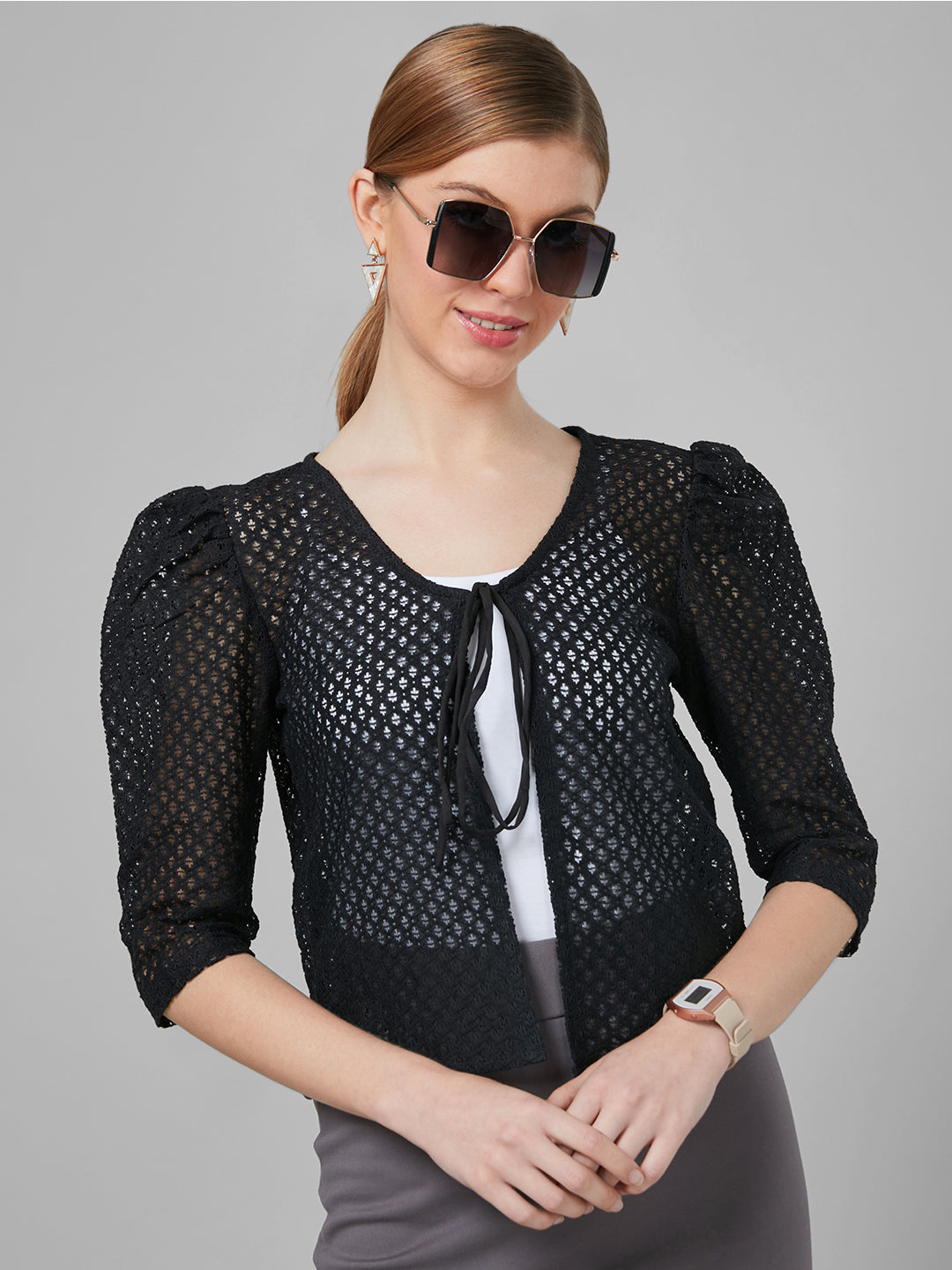 Style Quotient Women Black Self Design Shrug-Shrug-StyleQuotient