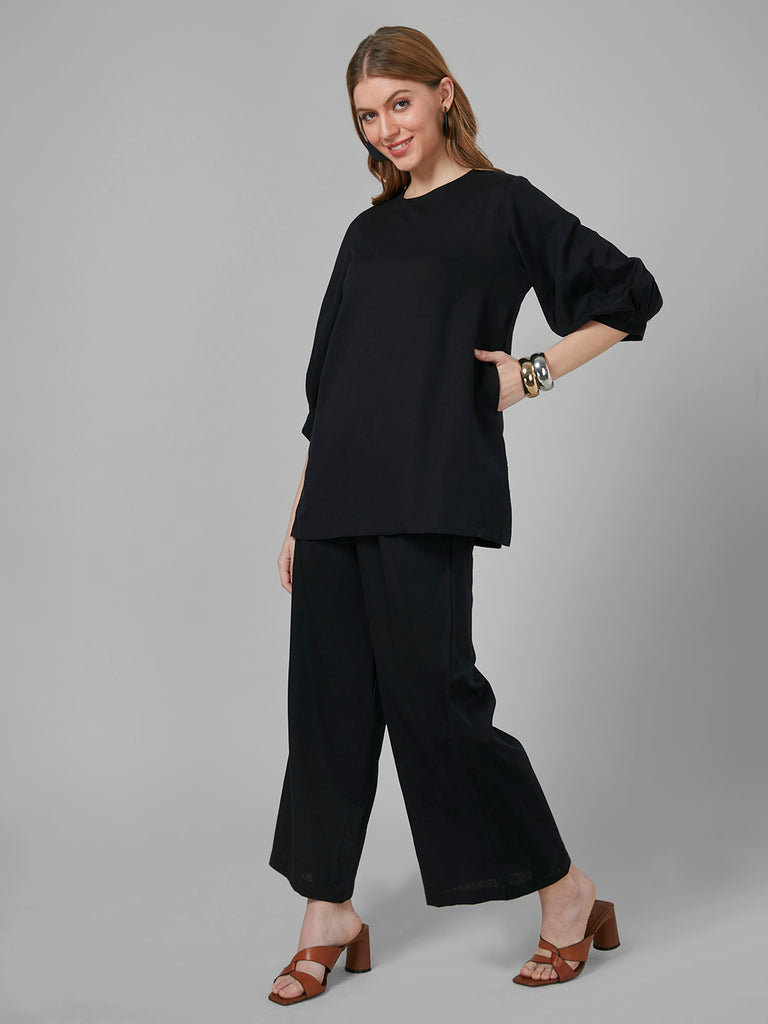 Style Quotient Women Black Solid Cotton Rich relaxed Fashionable Co-ord set-Co-Ords-StyleQuotient