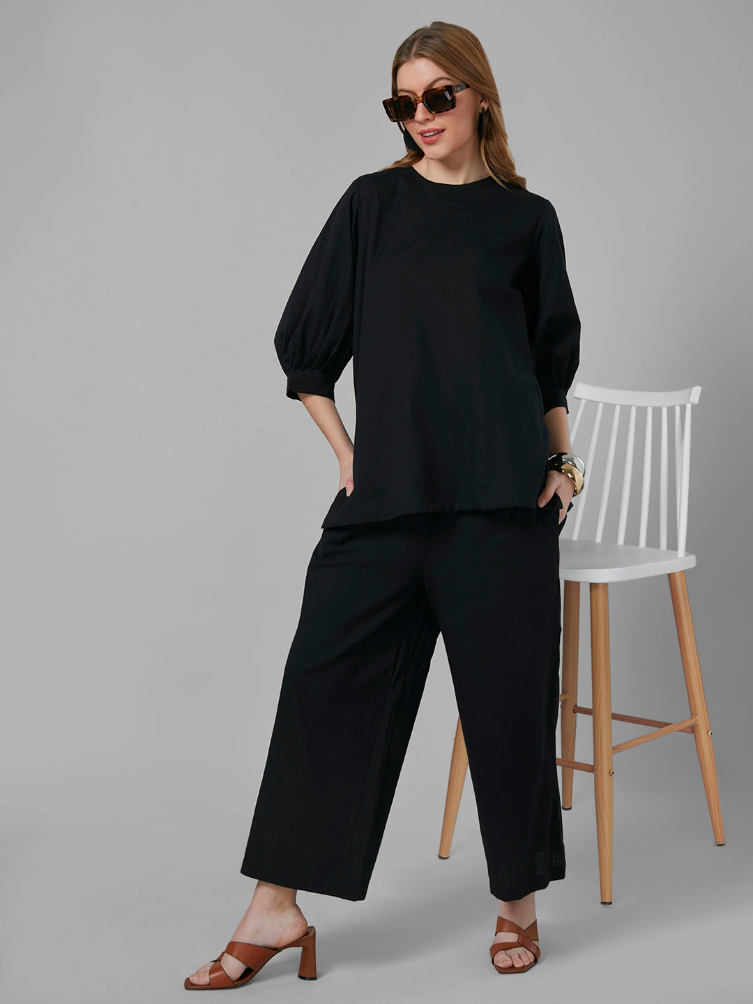 Style Quotient Women Black Solid Cotton Rich relaxed Fashionable Co-ord set-Co-Ords-StyleQuotient