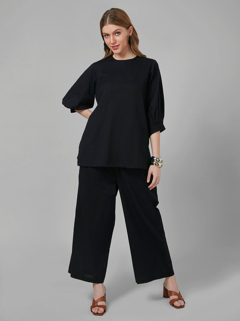 Style Quotient Women Black Solid Cotton Rich relaxed Fashionable Co-ord set-Co-Ords-StyleQuotient