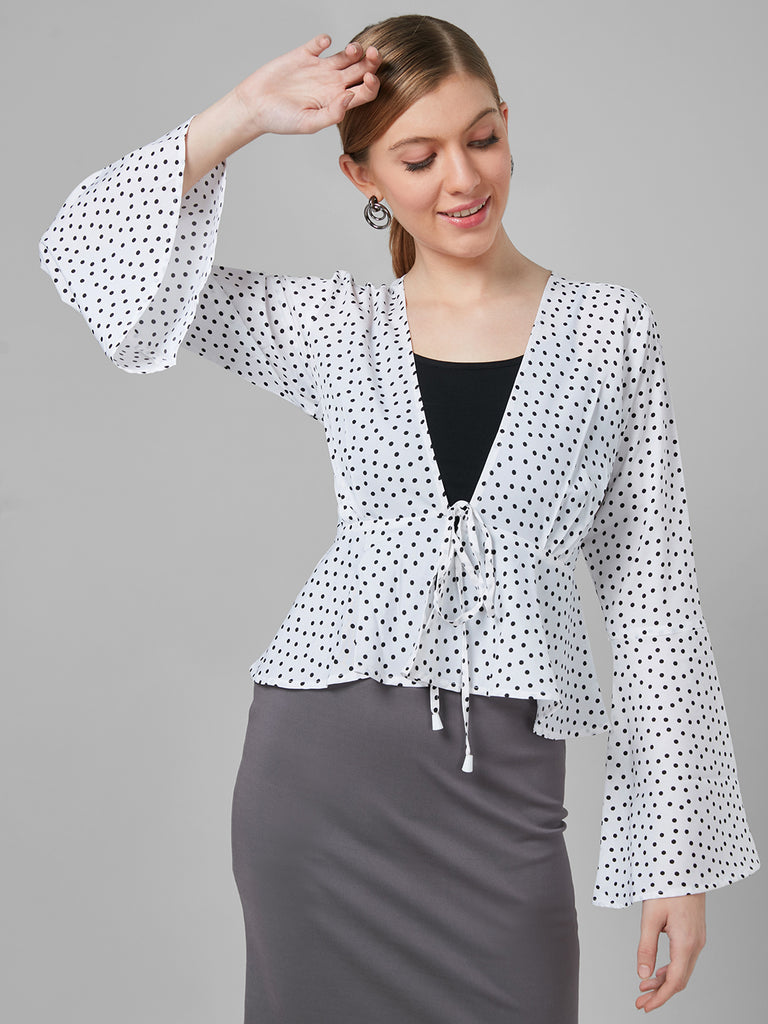 Style Quotient Women White And Black Polka Dot Polyester Peplum Smart Casual Shrug-Shrug-StyleQuotient