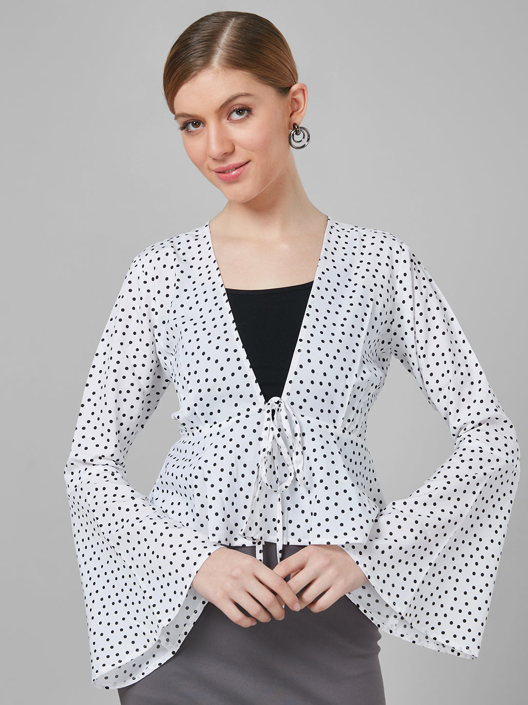 Style Quotient Women White And Black Polka Dot Polyester Peplum Smart Casual Shrug-Shrug-StyleQuotient