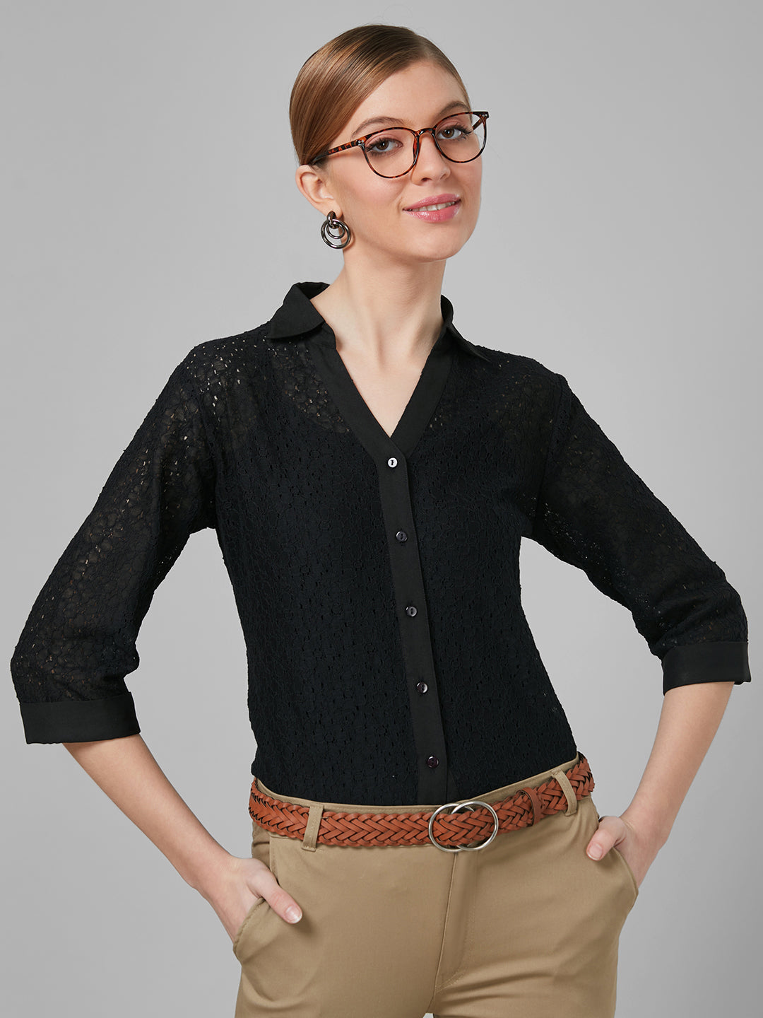 Style Quotient Women Black Self Design Cotton Regular Smart Casual Shirt-Shirts-StyleQuotient