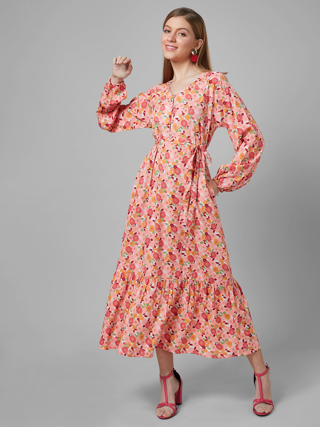 Style Quotient Women Peach And Multi Floral Polyester Fit and flare smart casual Maxi Dress-Dressers-StyleQuotient