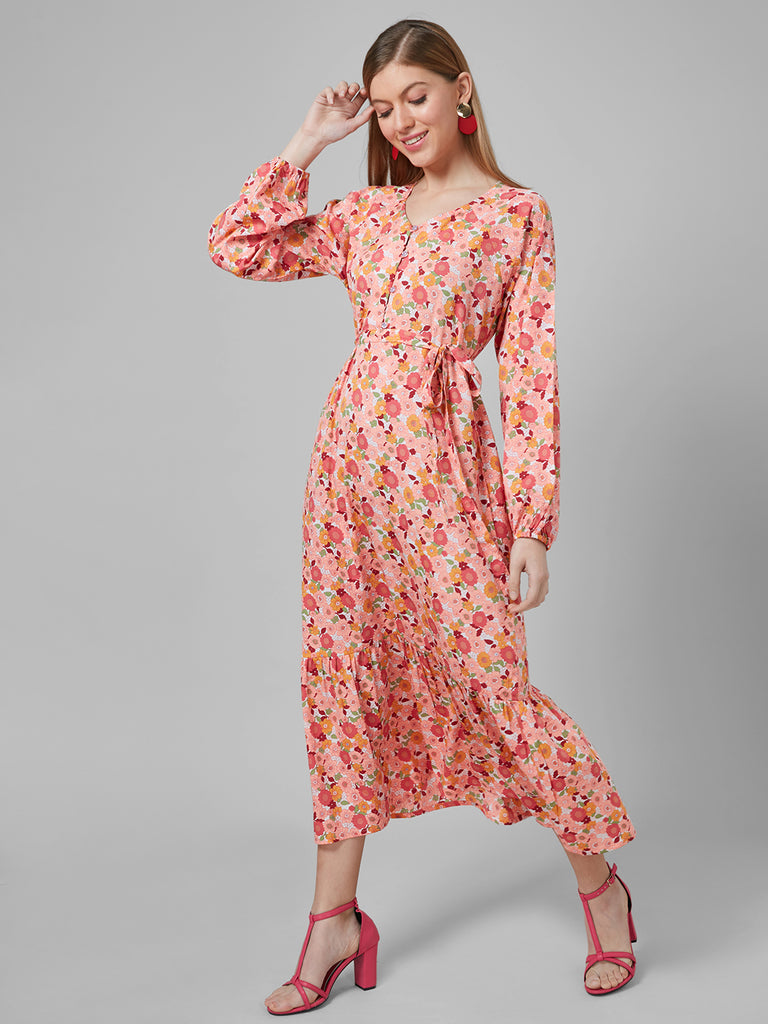 Style Quotient Women Peach And Multi Floral Polyester Fit and flare smart casual Maxi Dress-Dressers-StyleQuotient