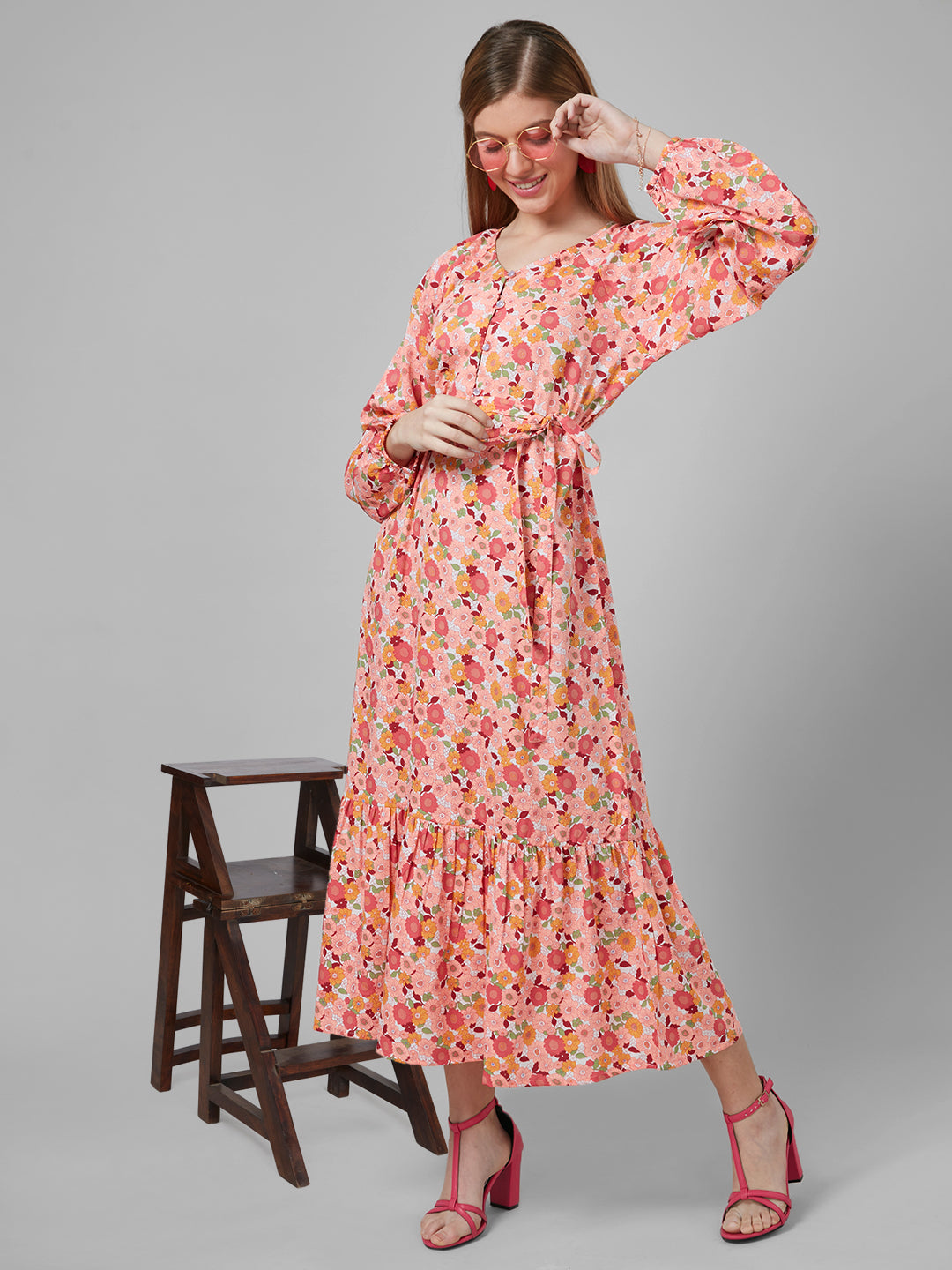 Style Quotient Women Peach And Multi Floral Polyester Fit and flare smart casual Maxi Dress-Dressers-StyleQuotient