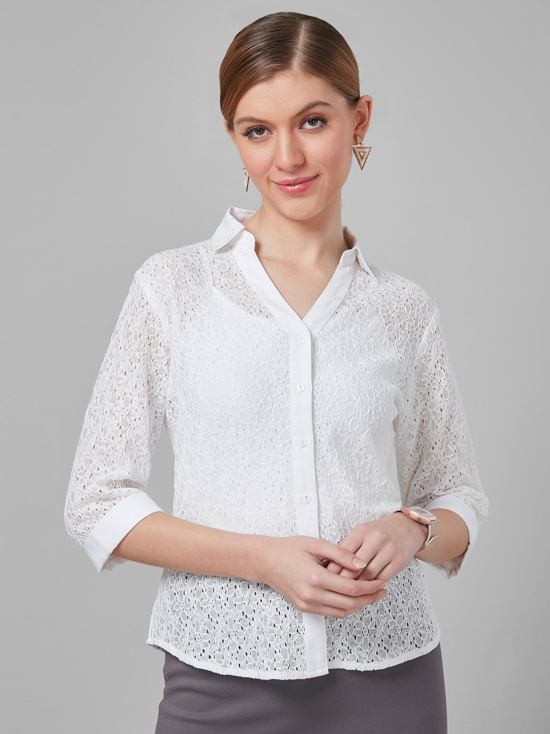 Style Quotient Women White Self Design Cotton Regular Smart Casual Shirt-Shirts-StyleQuotient