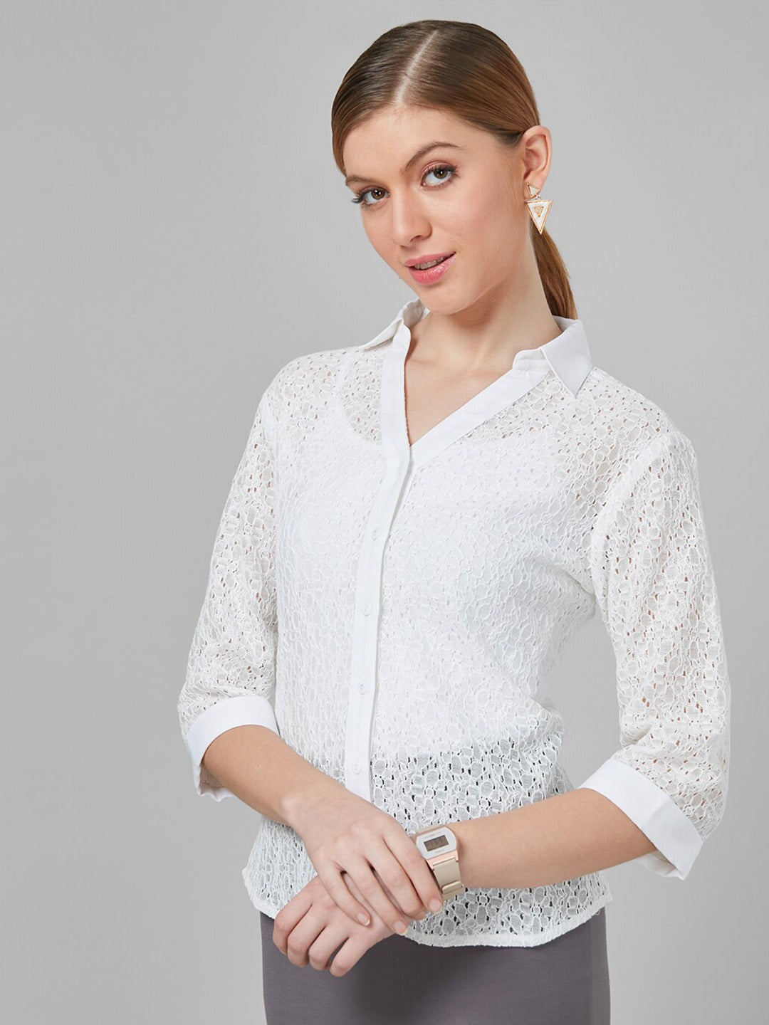 Style Quotient Women White Self Design Cotton Regular Smart Casual Shirt-Shirts-StyleQuotient