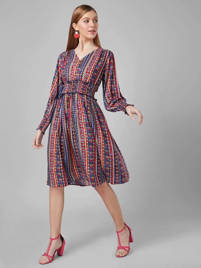 Style Quotient Women Multi Tribal Printed Rayon Fit And Flare Smart Casual Dress-Dressers-StyleQuotient