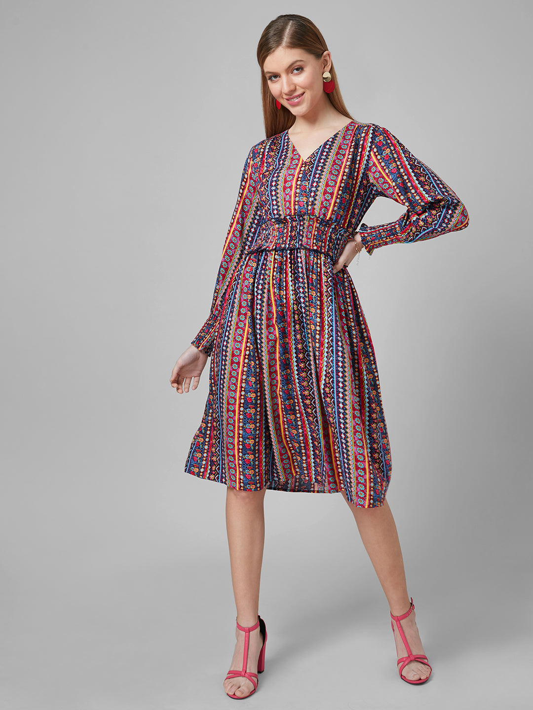 Style Quotient Women Multi Tribal Printed Rayon Fit And Flare Smart Casual Dress-Dressers-StyleQuotient