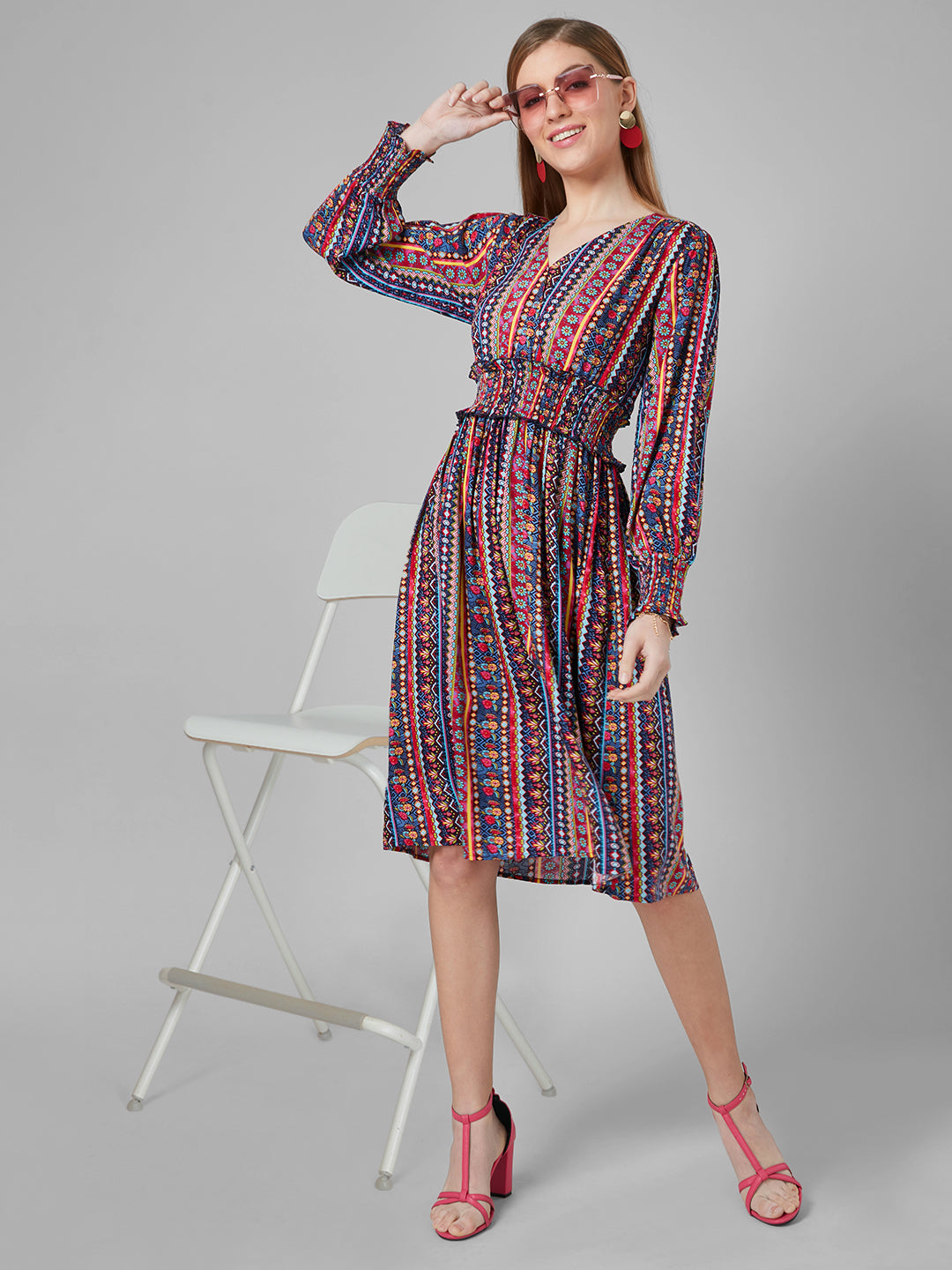 Style Quotient Women Multi Tribal Printed Rayon Fit And Flare Smart Casual Dress-Dressers-StyleQuotient