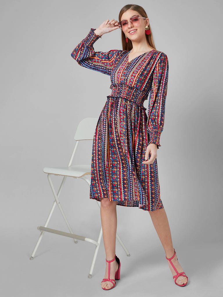 Style Quotient Women Multi Tribal Printed Rayon Fit And Flare Smart Casual Dress-Dressers-StyleQuotient