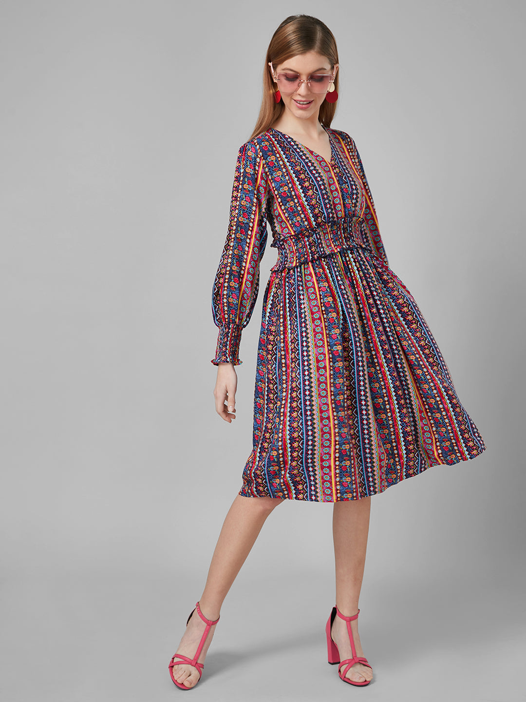 Style Quotient Women Multi Tribal Printed Rayon Fit And Flare Smart Casual Dress-Dressers-StyleQuotient