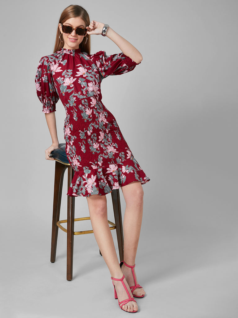 Style Quotient Women Maroon And Multi Floral Printed Polyester Bodycon Smart Casual Dress-Dressers-StyleQuotient