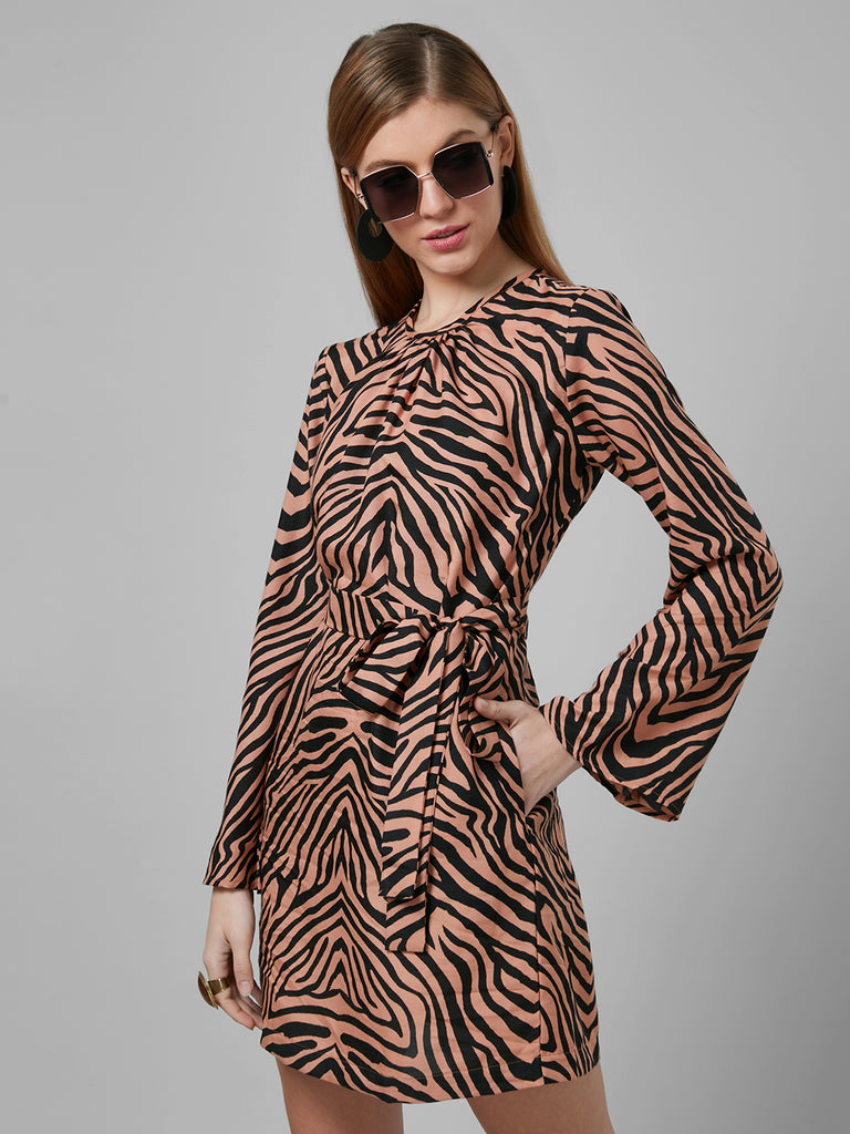 Style Quotient Women Tan And Black Animal Printed Polycrepe A-Line Smart Casual Dress-Dressers-StyleQuotient