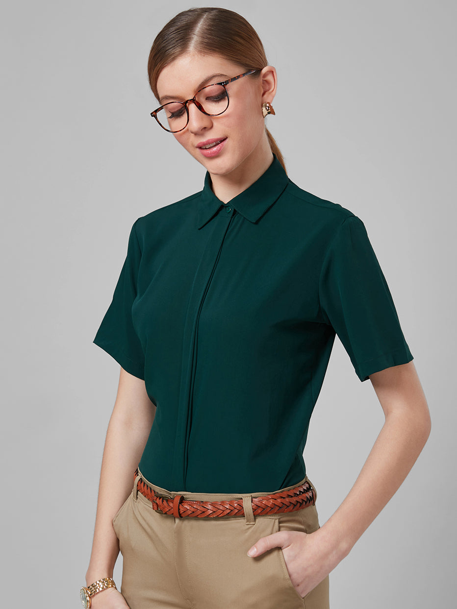 Style Quotient Women Dark Green Solid Polyester Regular Formal Shirt-Shirts-StyleQuotient