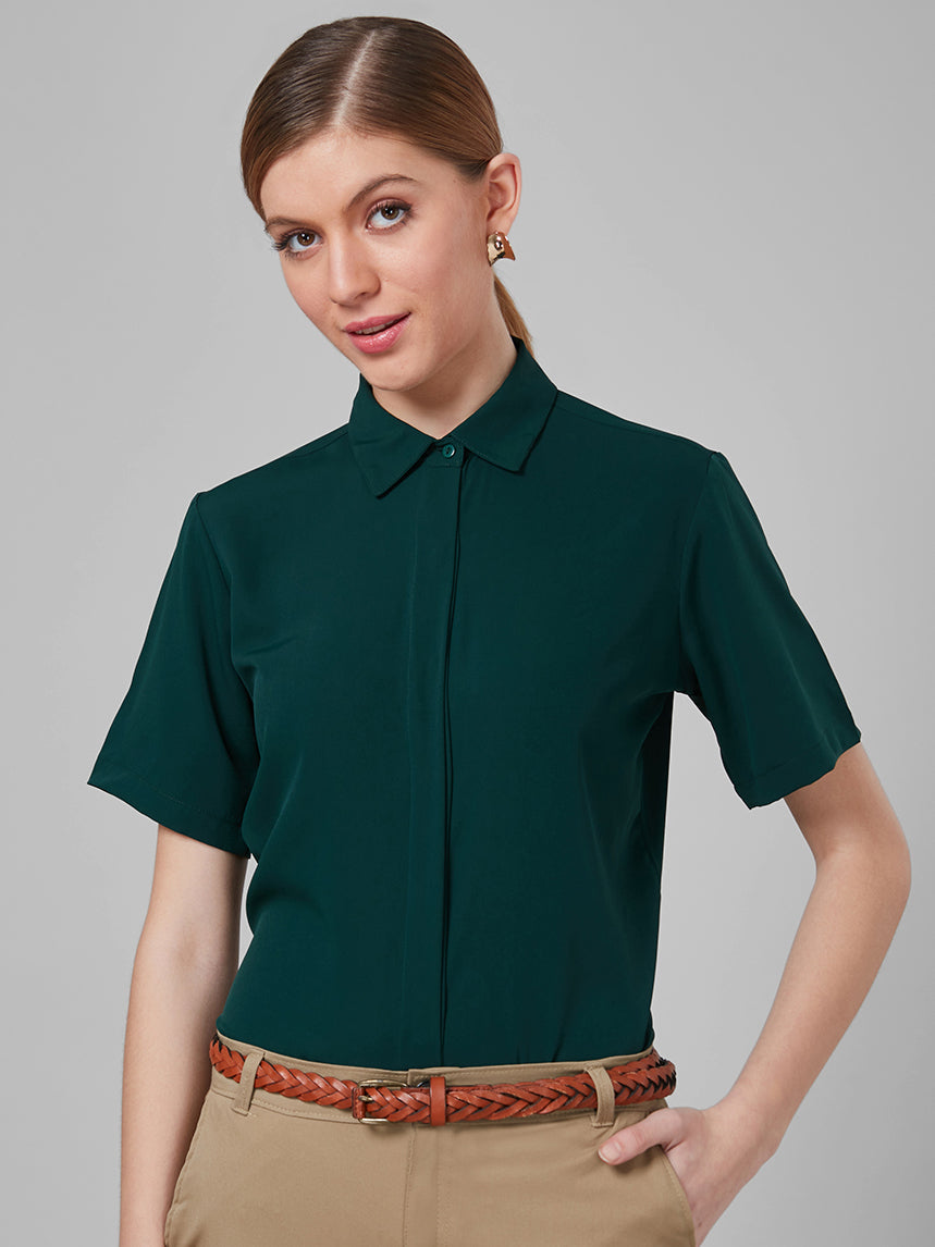 Style Quotient Women Dark Green Solid Polyester Regular Formal Shirt-Shirts-StyleQuotient