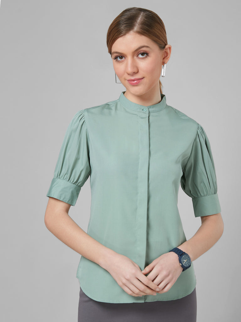 Style Quotient Women Sage Green Solid Polyester Regular Formal Shirt-Shirts-StyleQuotient