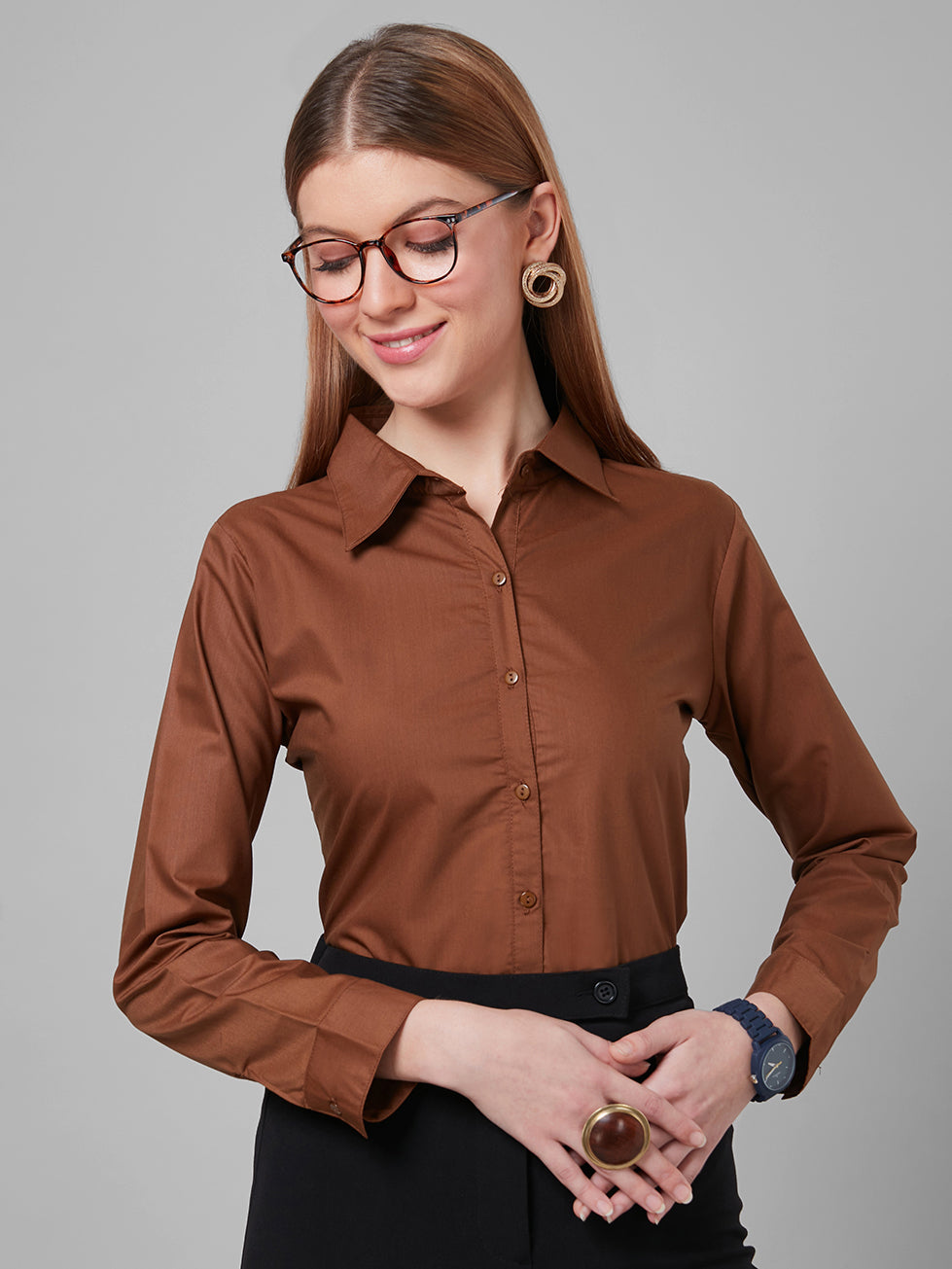 Style Quotient Women Solid Camel PolyCotton Regular Formal Shirt-Shirts-StyleQuotient