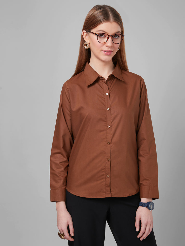 Style Quotient Women Solid Camel PolyCotton Regular Formal Shirt-Shirts-StyleQuotient