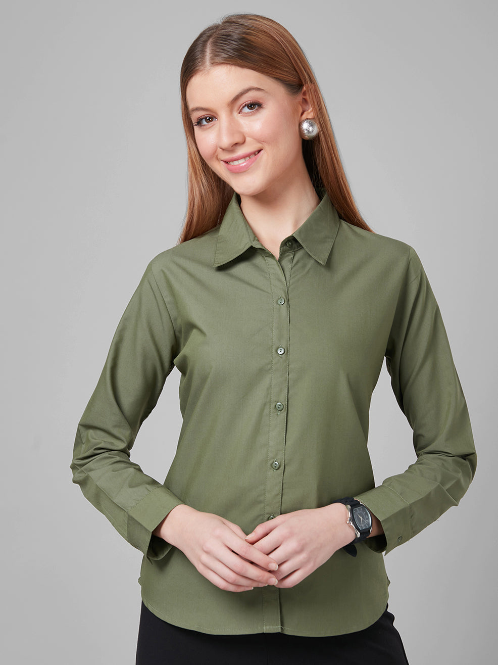 Style Quotient Women Solid Olive PolyCotton Regular Formal Shirt-Shirts-StyleQuotient