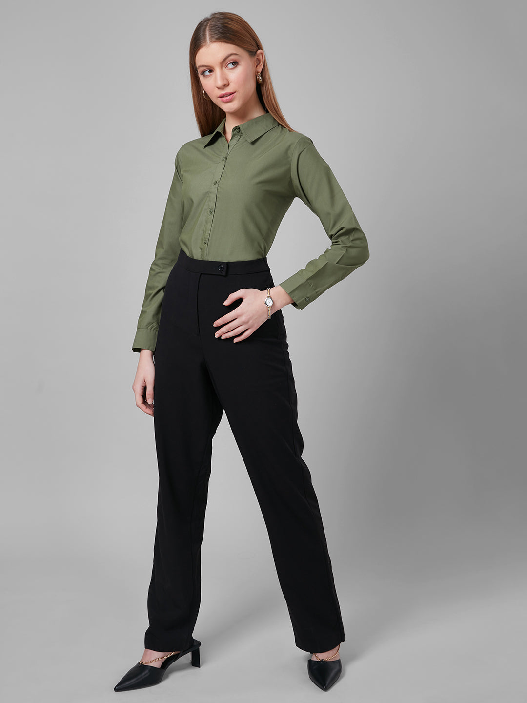 Style Quotient Women Solid Olive PolyCotton Regular Formal Shirt-Shirts-StyleQuotient