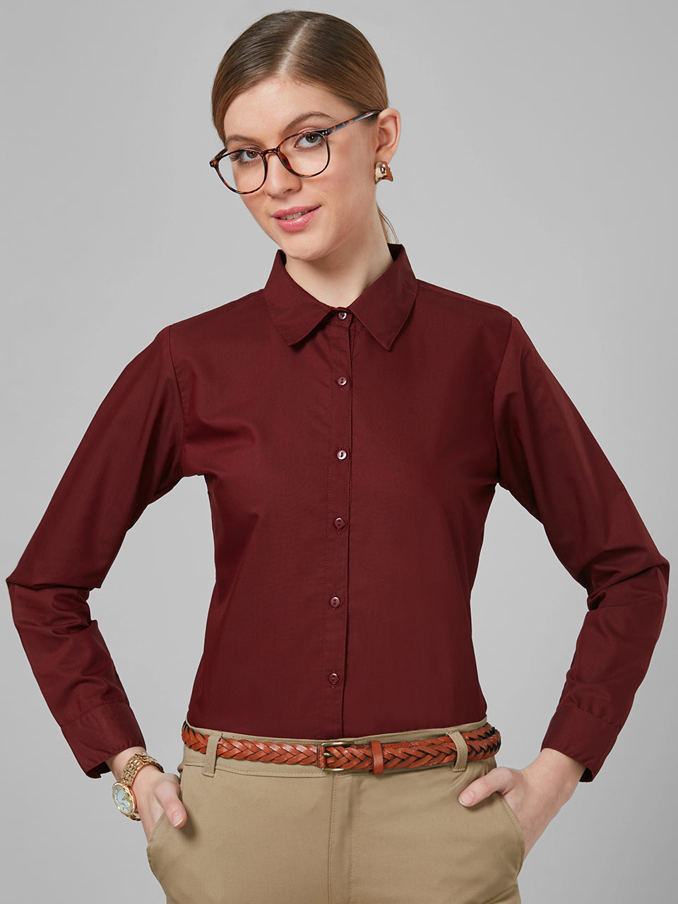 Style Quotient Women Solid Maroon PolyCotton Regular Formal Shirt-Shirts-StyleQuotient