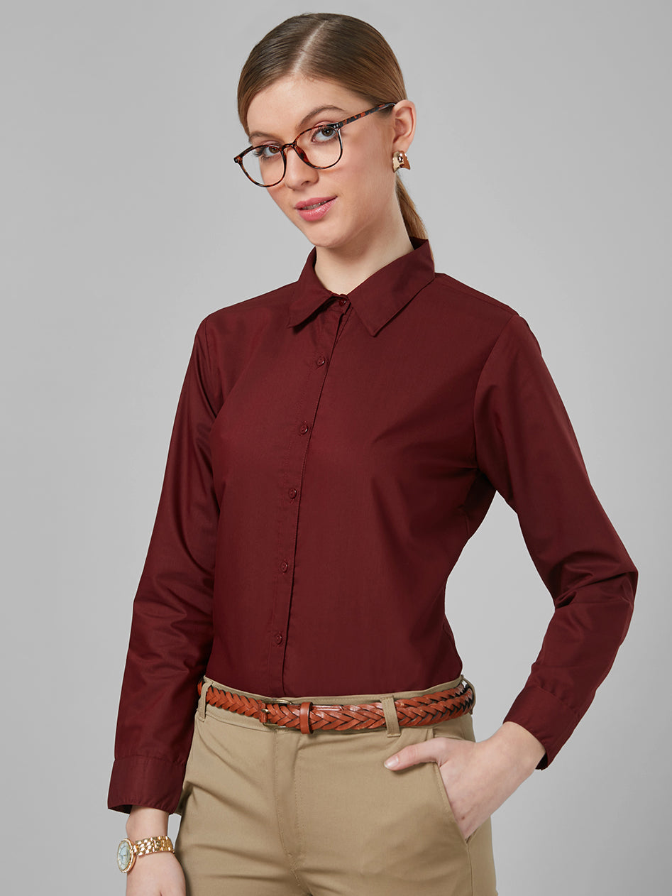 Style Quotient Women Solid Maroon PolyCotton Regular Formal Shirt-Shirts-StyleQuotient