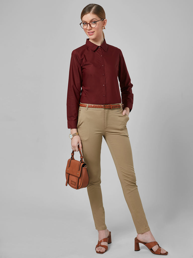 Style Quotient Women Solid Maroon PolyCotton Regular Formal Shirt-Shirts-StyleQuotient
