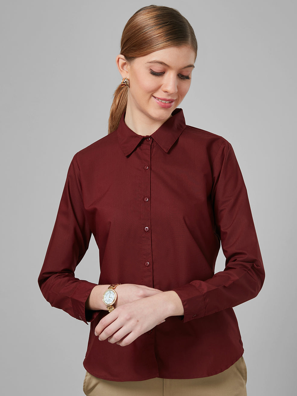 Style Quotient Women Solid Maroon PolyCotton Regular Formal Shirt-Shirts-StyleQuotient