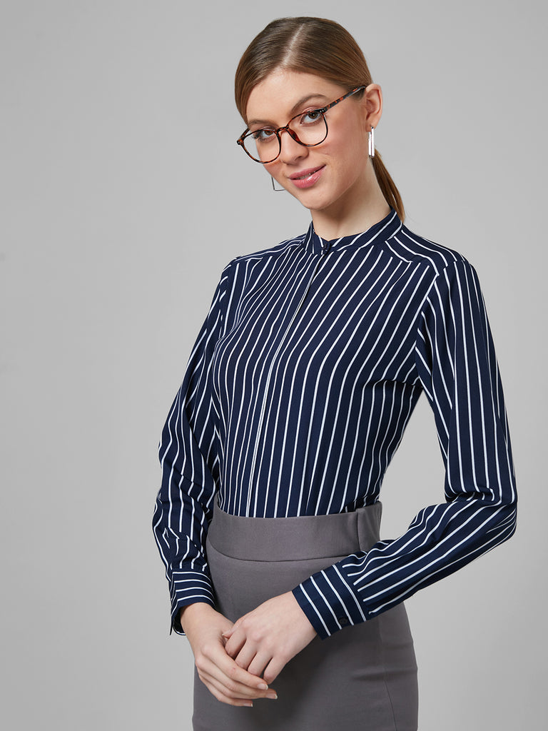 Style Quotient Women Navy And White Chalk Stripe Polyester Regular Formal Shirt-Shirts-StyleQuotient