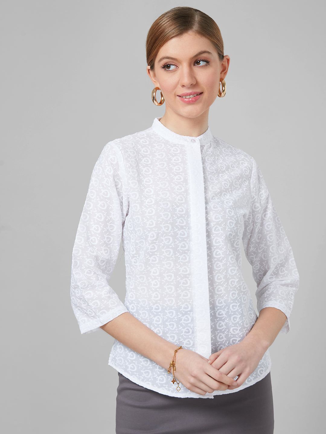 Style Quotient Women White Schiffli Cotton Regular Formal Shirt-Shirts-StyleQuotient