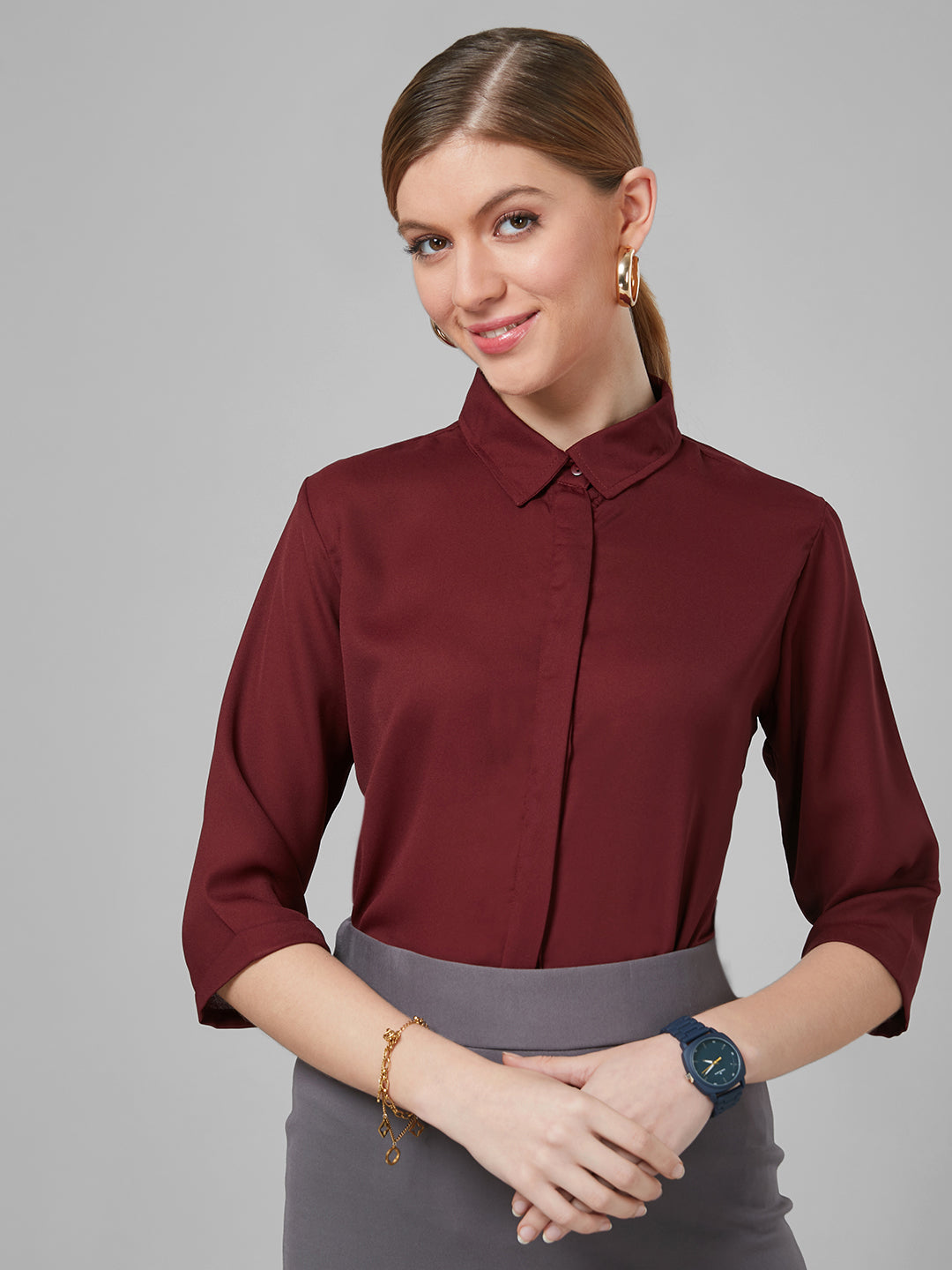 Style Quotient Women Solid Maroon Polymoss Regular Formal Shirt-Shirts-StyleQuotient