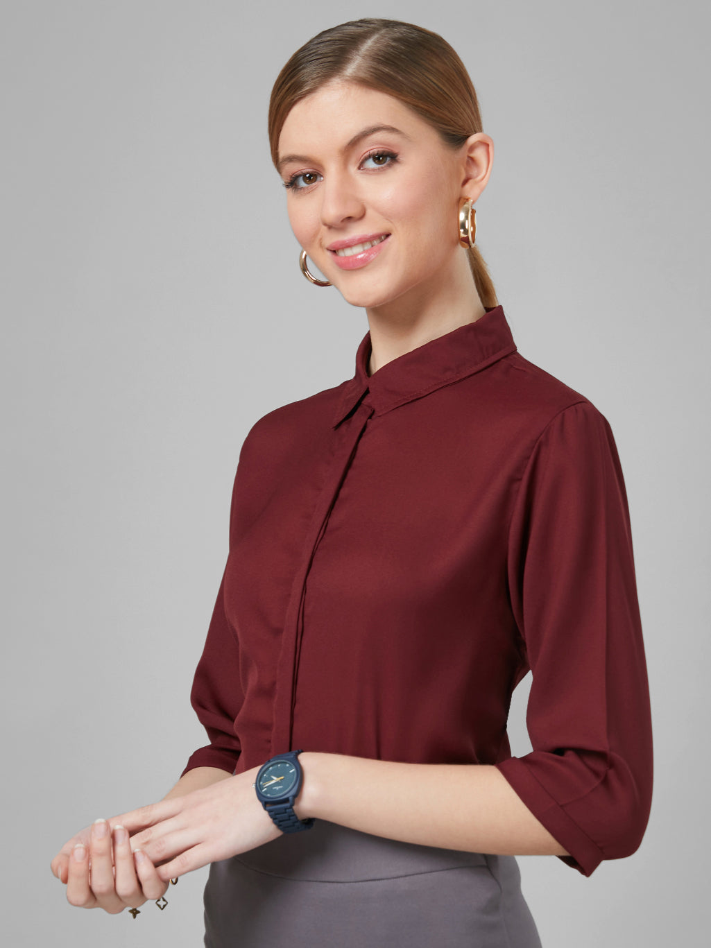 Style Quotient Women Solid Maroon Polymoss Regular Formal Shirt-Shirts-StyleQuotient