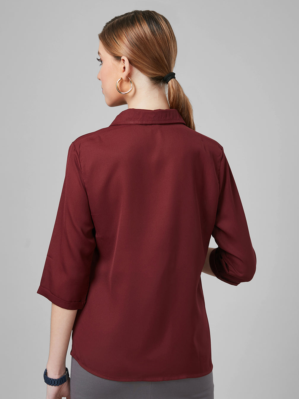 Style Quotient Women Solid Maroon Polymoss Regular Formal Shirt-Shirts-StyleQuotient